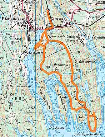 Карелия 2003. Карта маршрута. Полуостров Кулхонниеми