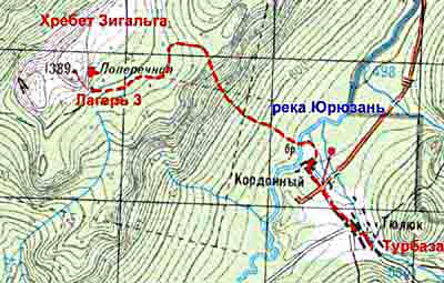 Южный Урал. Хребет Зигальга. Карта маршрута 